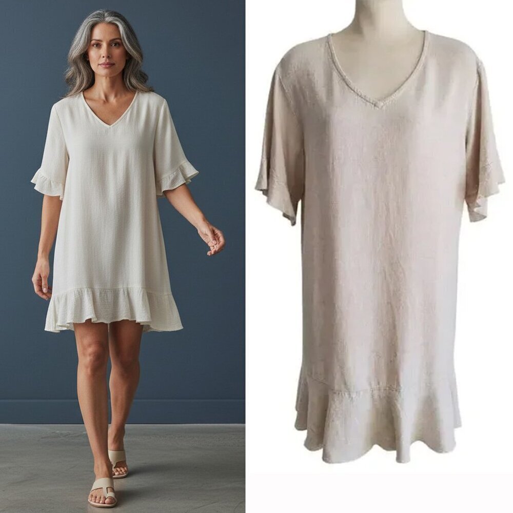 Linen Cotton Blend Dress Loose Fitting Oversized Natural Unbleached Color Size S